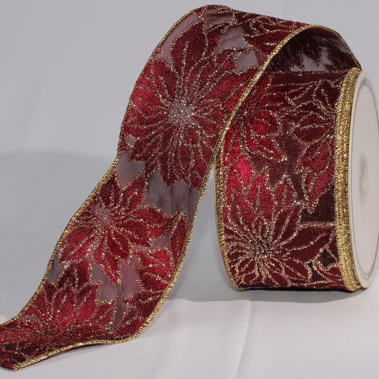 The Ribbon People Bordeaux Red and Gold Poinsettia Semi Sheer Wired Craft Ribbon 3" x 20 Yards